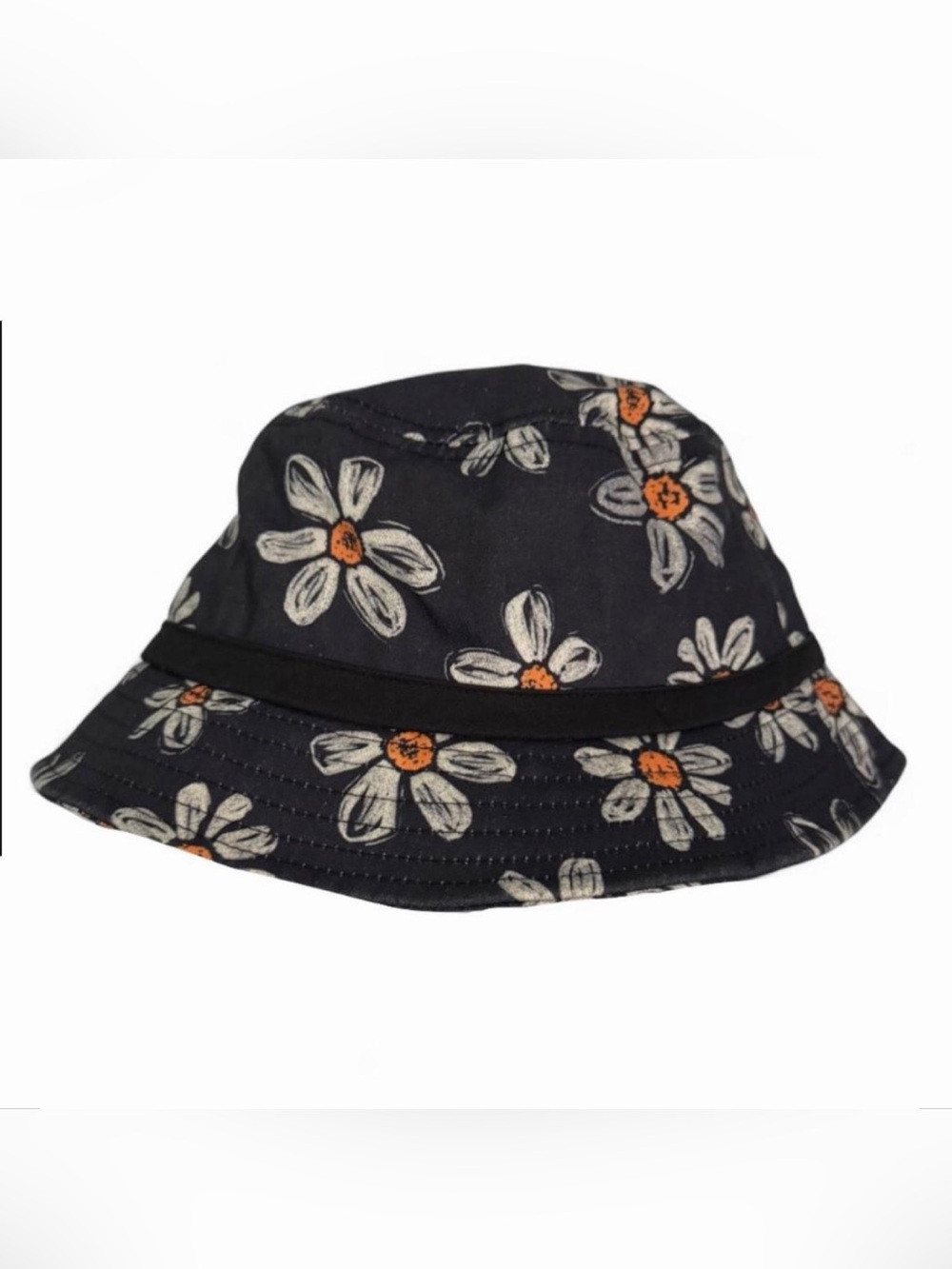 Empyre Black Bucket Hat with White Daisy Print and Orange Centers